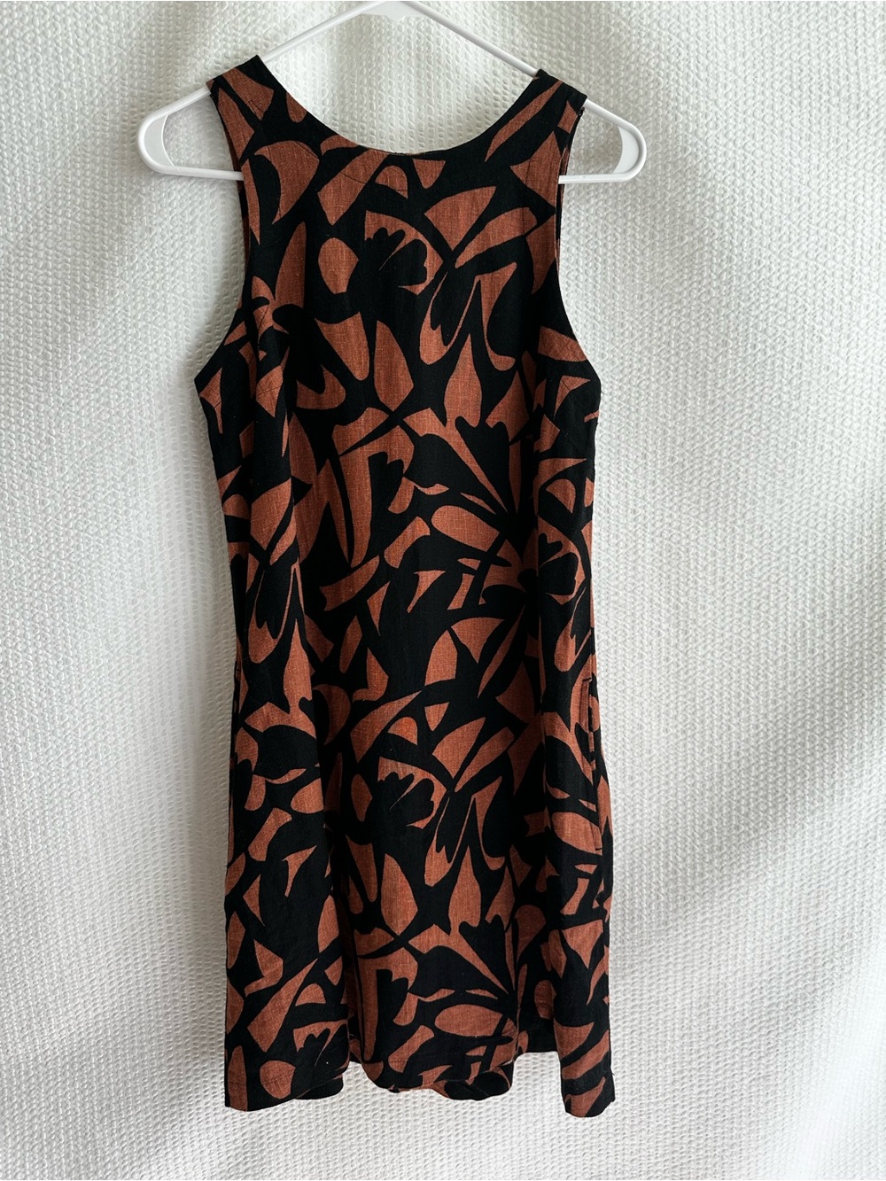 a new day Linen Blend Sleeveless Shift Dress Pockets Rust Brown Black Floral XS
